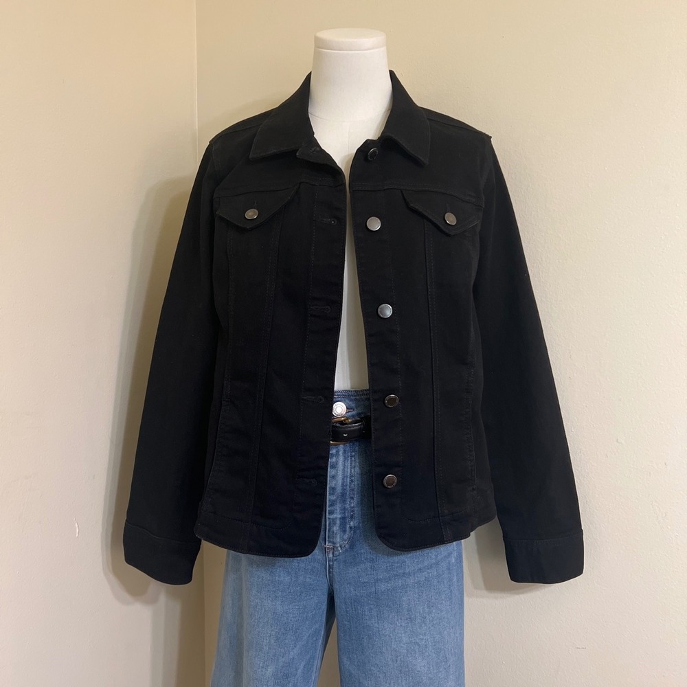 Charter Club Womens Black Denim Jacket Button Front Stretch Size L